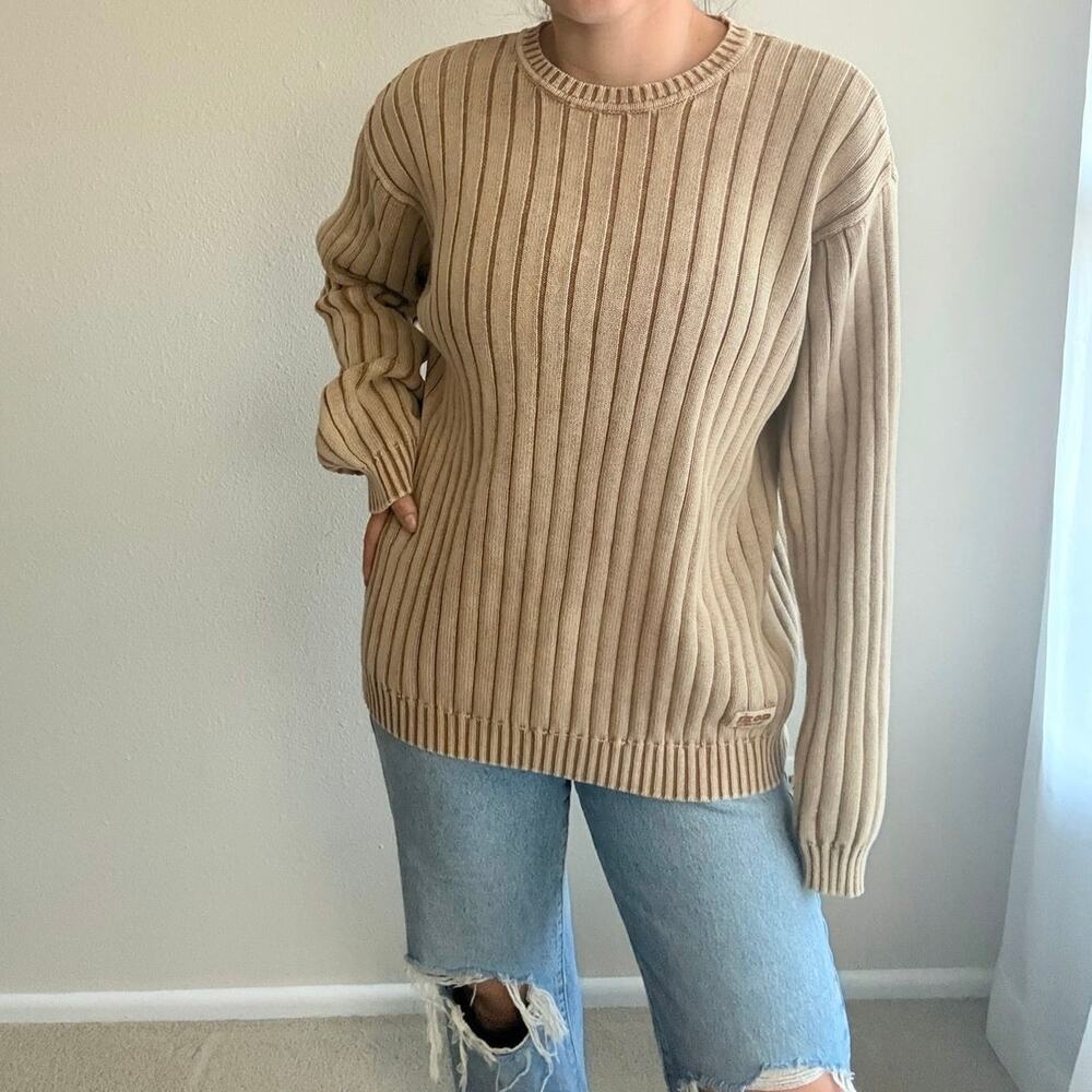 Vintage Izod Jeans Tan Chunky Cable Knit Fisherman Sweter minimalist neutral